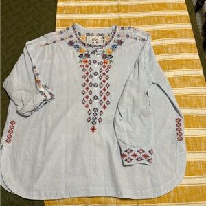 Johnny Was Striped Floral Embroidered Top